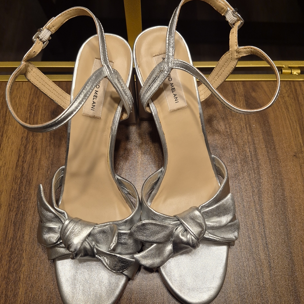 ANTONIO MELANI Metallic Silver Knotted Ankle-Strap Sandals
